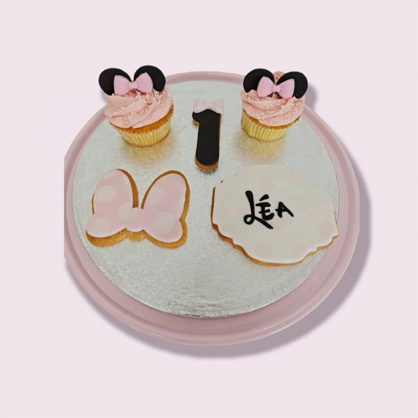 Sablés et cupcakes Minnie Mouse en rose pâle avec noeud Minnie Mouse