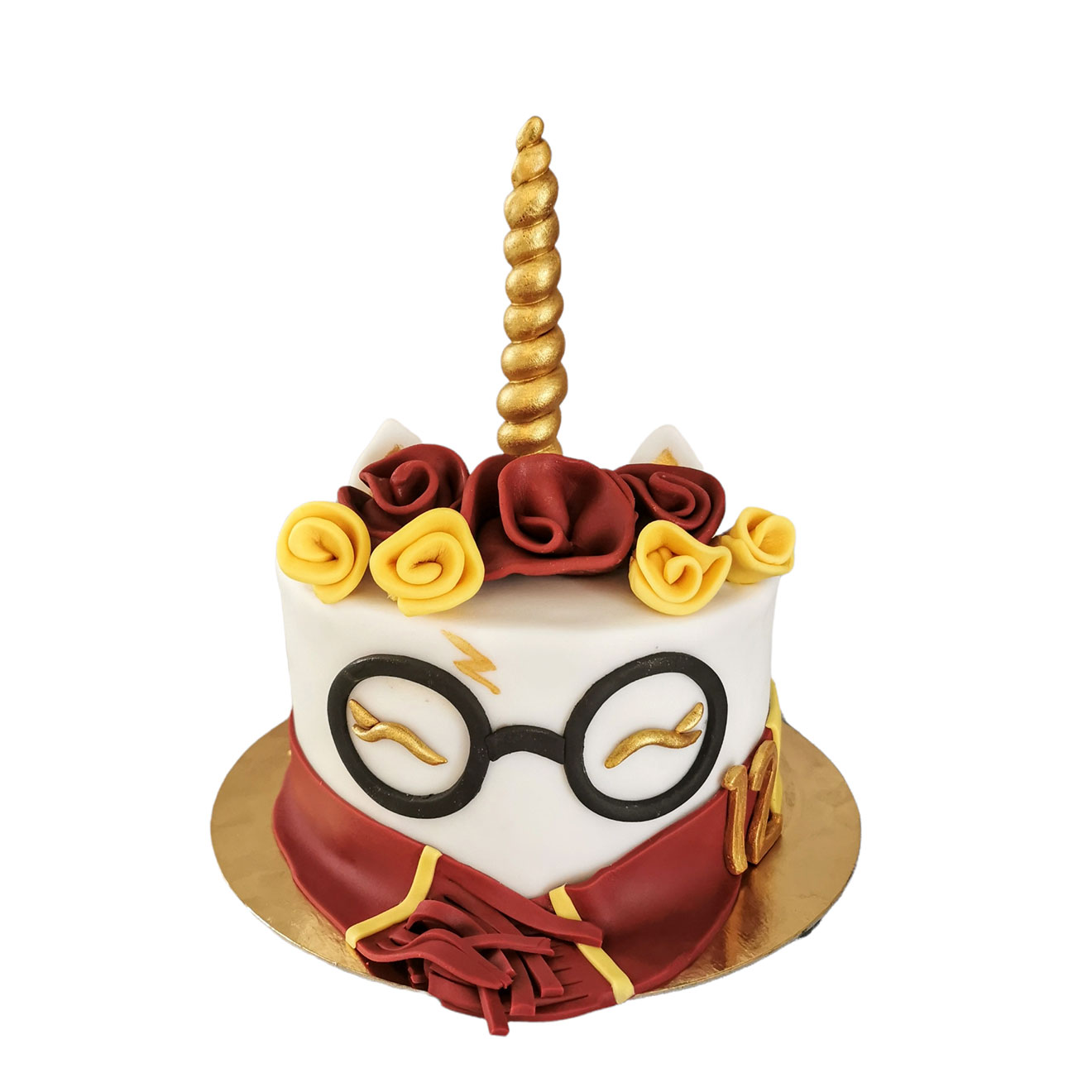Gâteau licorne Harry Potter à écharpe rouge et jaune vegan et sans